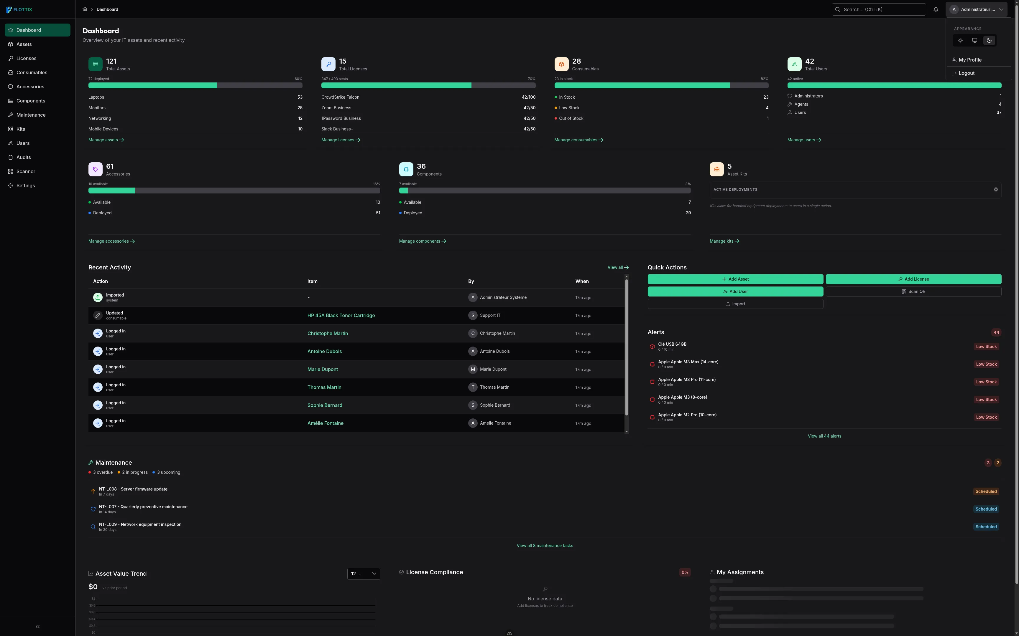 Flottix Dashboard in Dark Mode