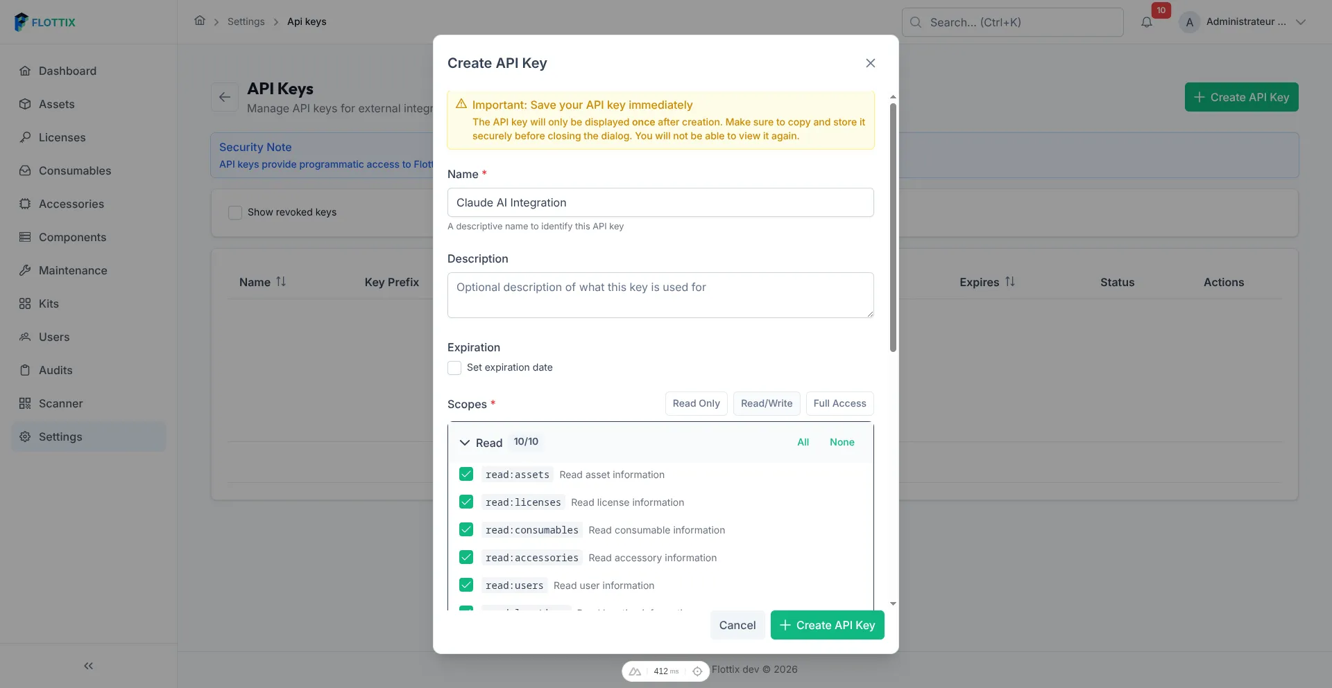 The new Flottix API Key management showing granular permissions for AI integrations.