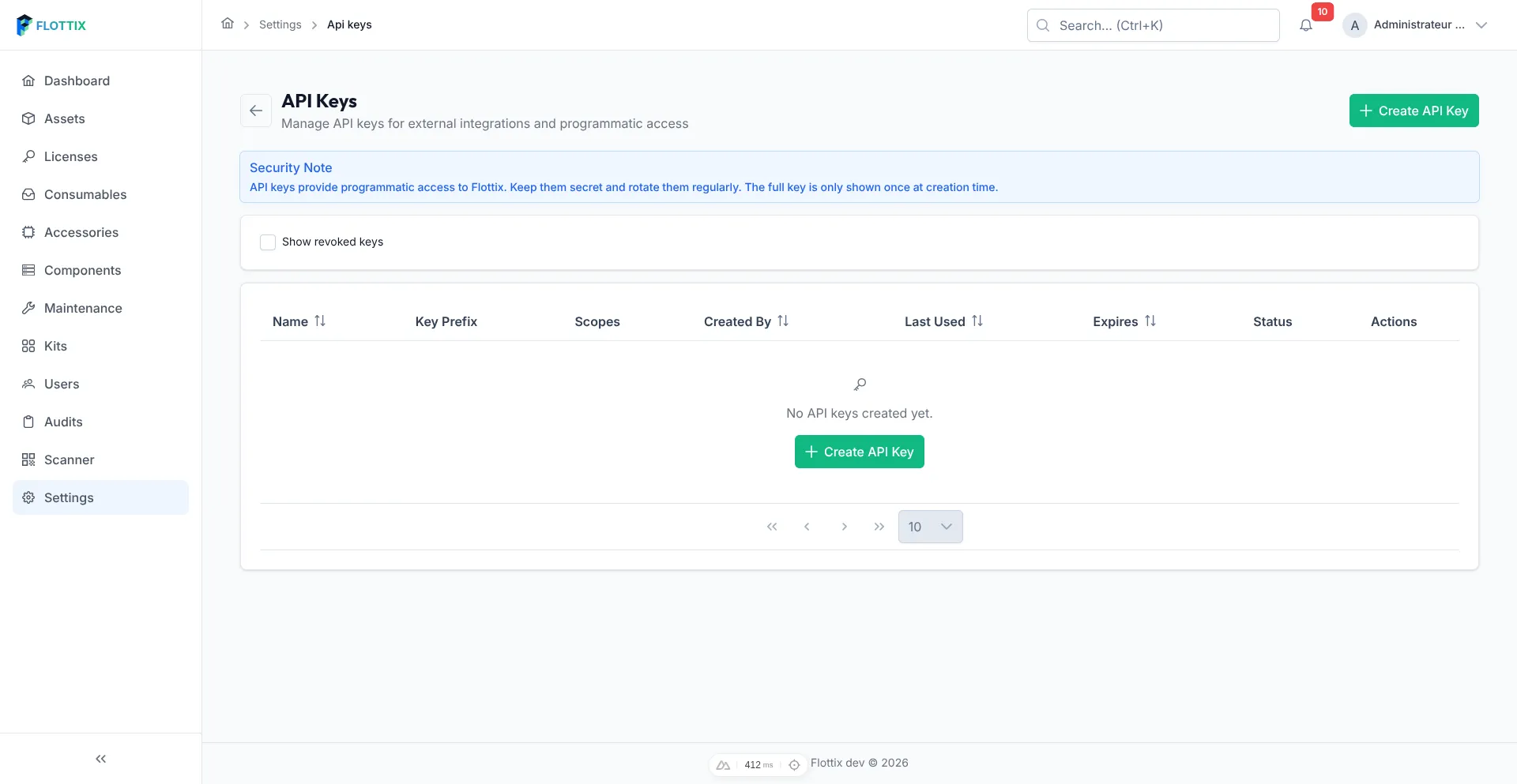 The new API Key management interface